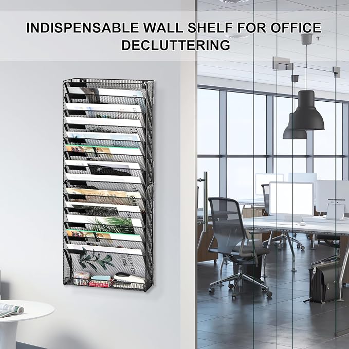 EasyPAG Wall File Holder 14 Tier Mesh Hanging Folder Organizer with Flat Tray Wall Mounted Mail Organizer Magazine Paper Desk Shelf with Nametag Label for Office Home School, Black