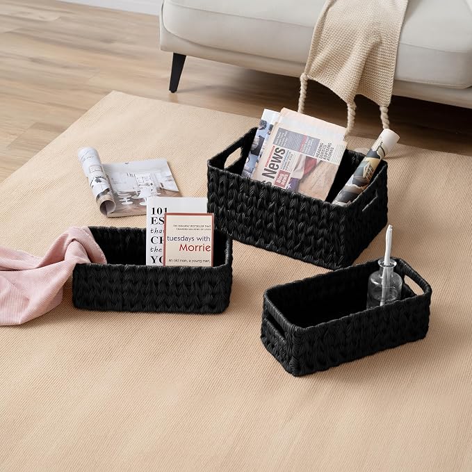 Granny Says Wicker Baskets For Shelves, Large Woven Baskets For Organizing | Small Woven Storage Baskets for Shelf, Rattan Basket For Organizing, Wicker Basket Set, 3-Pack Small Waterproof Baskets