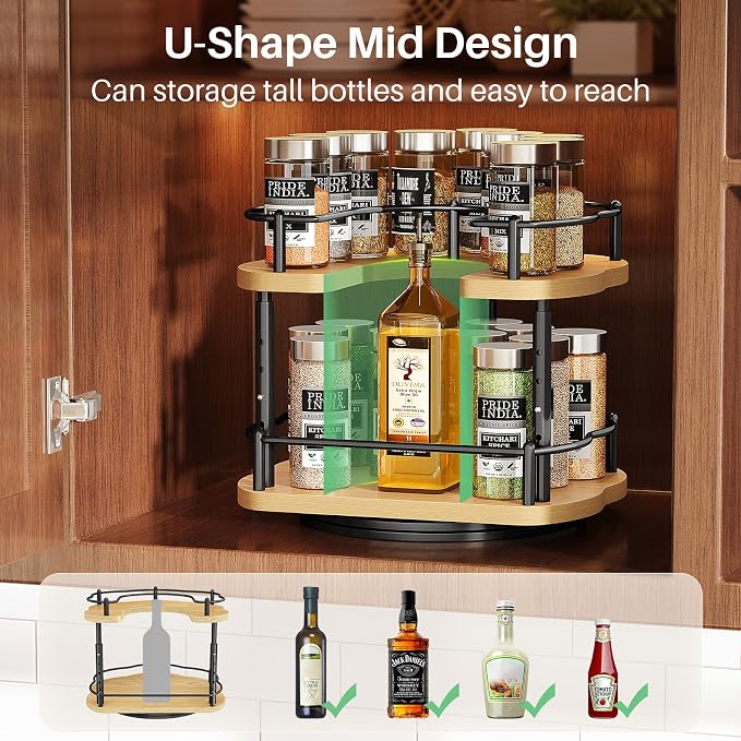 SNTD Lazy Susan Organizer Spice Rack - Spice Organization for Cabinet Height Adjustable Rotating Lazy Turntable, Pantry Kitchen Wood Revolving Seasoning Organizer (Natural, 9 Inch)