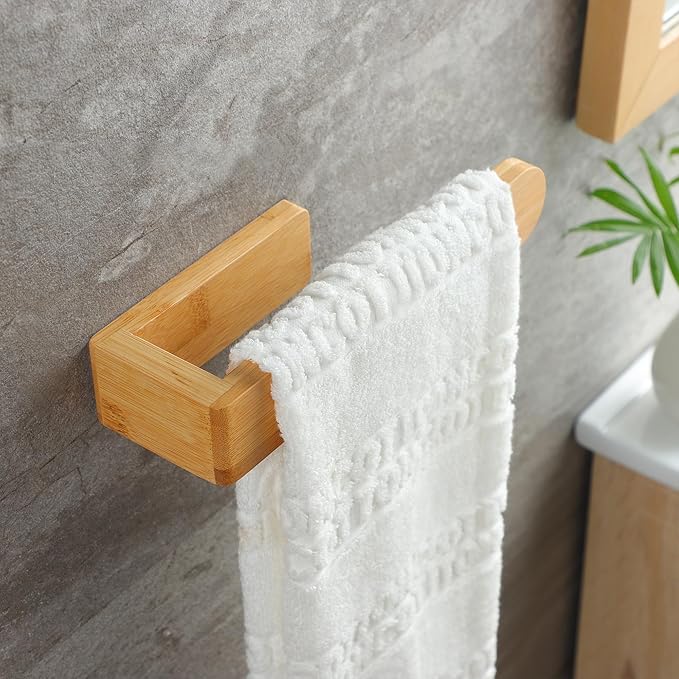 Taozun Towel Holder Bamboo Towel Rack Wooden Towel Rail Adhesive Towel Bar | Natural wood decor, Farmhouse style, Sturdy, 7.9 Inche, Easy Install, No Drill, For Bathroom/Bath/Kitchen/RV