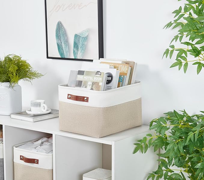 DECOMOMO Storage Bins, Extra Large Fabric Storage Baskets for Shelves 3Pack | 15.8 x 12.5 x 10 inches Decorative Linen Closet Organizers (Beige & White)