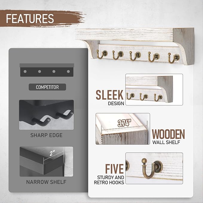 Rebee Vision Key Holder Wall Mount with Shelf for Living Room, Whitewash | 5 Key Hooks, Pine Wood, Rustic Key Holder for Wall, Mail Organizer, Letter Storage, Practical Home Organization
