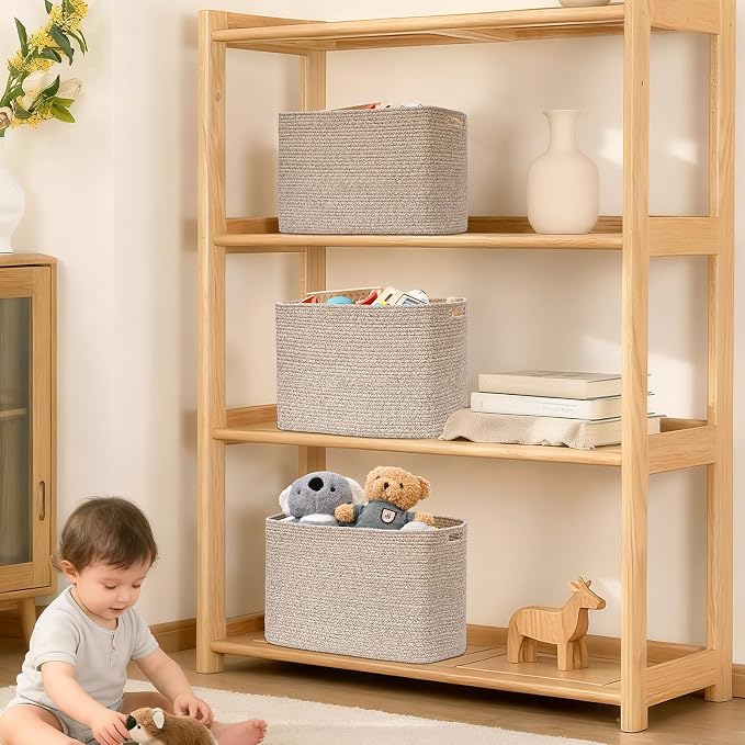3 Pack Cube Storage Bin, 17”x12”x12” Cotton Rope Woven Baskets for Organizing Toys Clothes Towels, Square Gift Storage Baskets for Shelves, Nursery, Closet, Bathroom, Pantry (Jute)