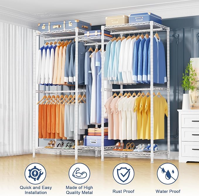 E12 Clothes Rack，Heavy Duty Freestanding Garment Rack with Shelves，Metal Clothing Closet Storage System for Hanging Clothes，57.1" W x 16" D x 76.5" H, Hold 860 lbs，White