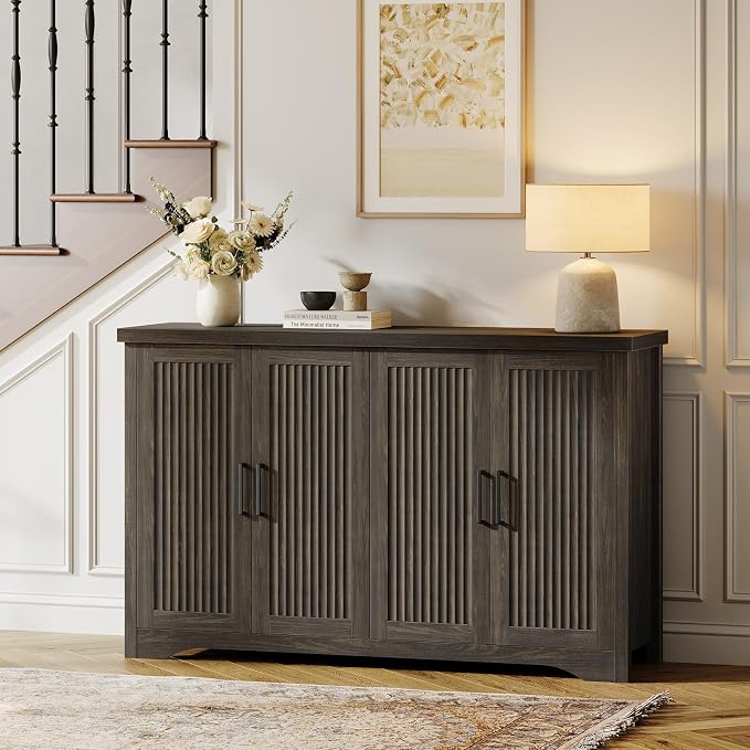 55" Fluted Sideboard Buffet Cabinet with Storage,Gray | Modern Credenza with 4 Doors & Adjustable Shelves,Coffee Bar Table Console for Dining Room Kitchen Living Room Entryway