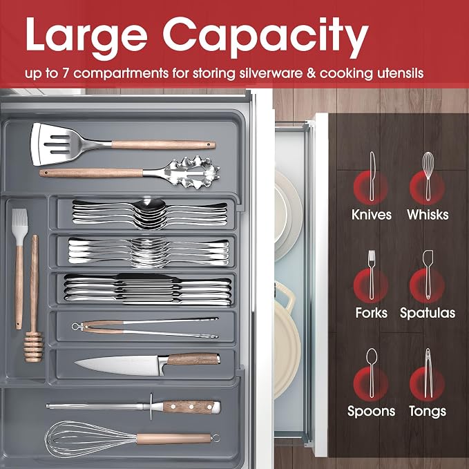 Aujen Silverware Drawer Organizer, Adjustable Utensil Cutlery Tray | Expandable Kitchen Organizer for Forks Knives, Multipurpose Kitchen Storage, Apartment Essentials, Grey, Large
