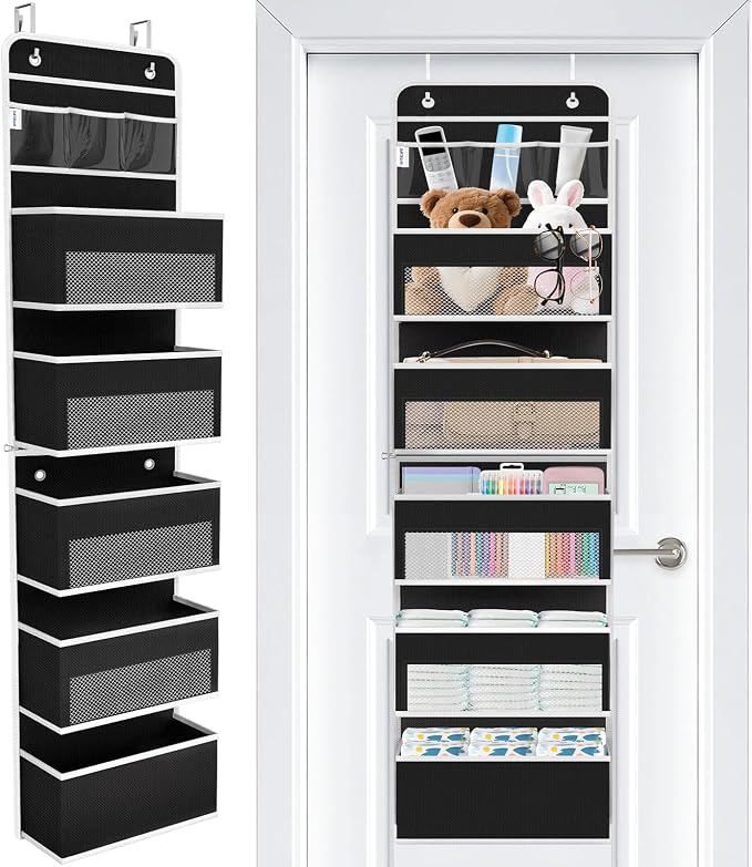 Over The Door Organizer Storage Large Capacity Hanging Bedroom Storage | 6 Shelves, Detachable, 40 LB Capacity, Mesh Design, Clear Window, Sturdy, Storage Organizer for Nursery, Pantry & Closet