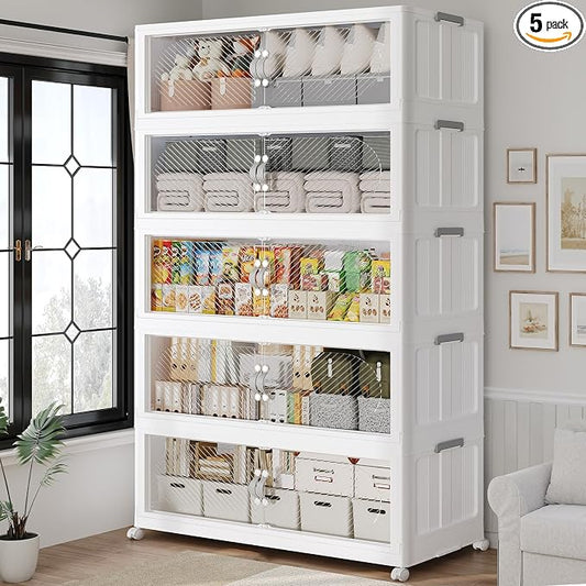800QT Extra Large Stackable Storage Bins with Lid, 200Gal Plastic Closet Organizers and Storage Drawer, Collapsible Cabinet Box with Wheels Clear Doors for Home Kitchen Office, 5Pack White