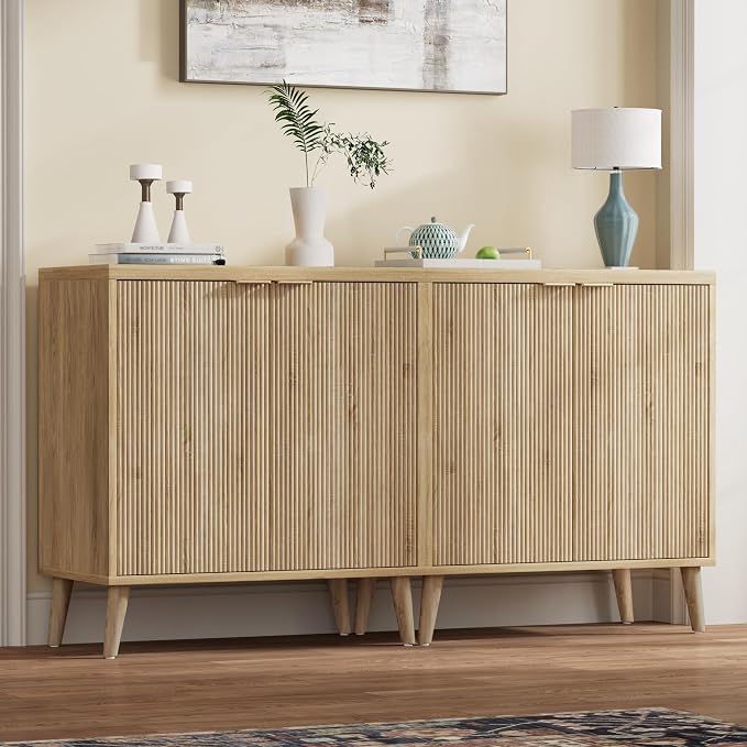 Homleke Fluted Buffet Cabinet with Storage, Modern Sideboard Cabinet | Double Doors, Adjustable Shelf, Accent Buffet Table for Kitchen, Dining Room, Living Room, Entryway & Hallway, Natural