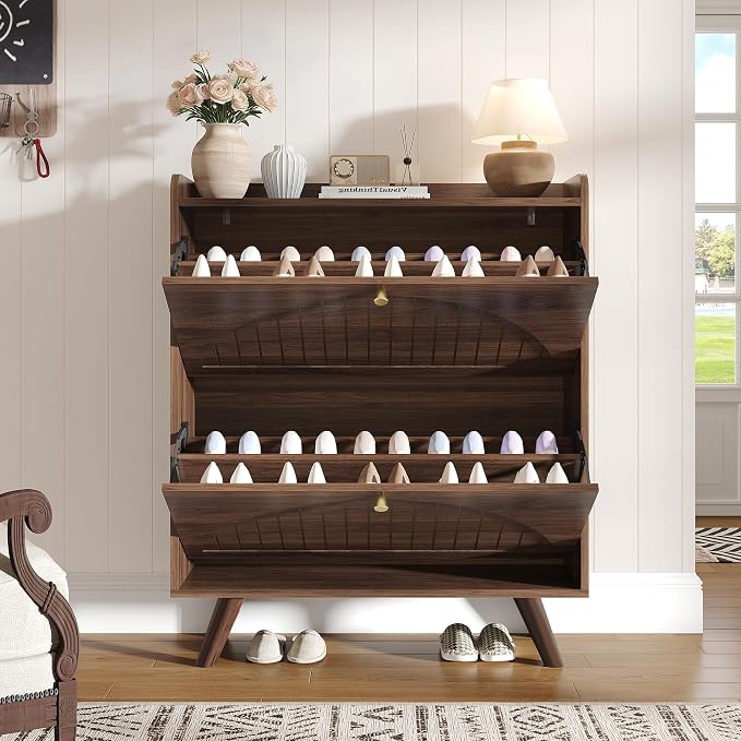 Decofy Shoe Cabinet with 2 Flip Drawers, Expanded Panel for Long Footwear, Freestanding Shoe Storage Cabinet with 3-Gear Adjustable Shelves, Narrow Shoe Cabinets for Entryway, Solid Wood Legs, Walnut | 31.5''W; Wider Panel; 2 Flip-Down Drawers; Adjusta...