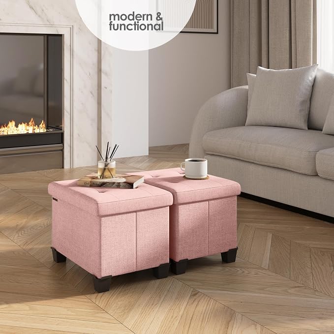 Storage Ottoman Cube with Small Bin, 16-in Square Ottoman with Storage for Living Room and Bedroom, Small Ottomans Foot Rest, Fabric Foot Stools Ottomans Max 330lbs, Pink