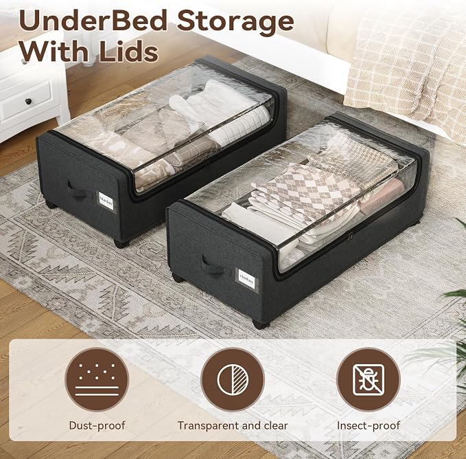 Under Bed Storage, Tall Size Under Bed Storage With Wheels, Under bed Shoe Storage, Metal Frame, 90L Capacity, Storage Drawers for Bedroom