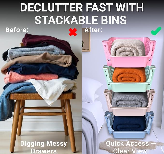 Skywin Stackable Storage Bins Open Front for Pantry Storage, 4 Pack - Multi | Sturdy Plastic, Easy Stacking, Breathable & Open Front Design, Pantry Storage for Snacks, Toiletries, and Small Essentials