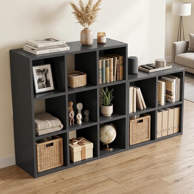 LUCKLIFE 9-Cube Storage Organizer, Stackable Modular Bookcase Shelf with Vertical or Horizontal Use, Fits 11×11" Bins, Optional Back Panels, for Living Room, Office, Black