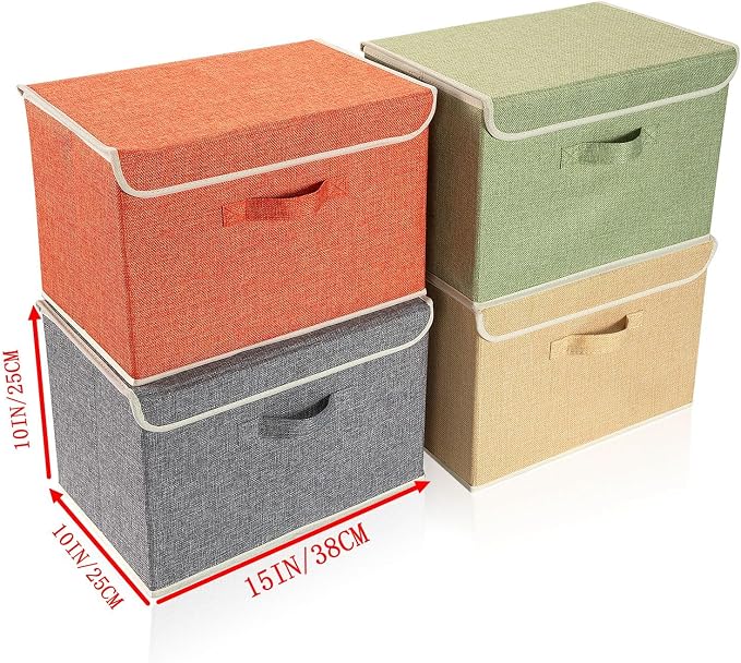 Storage Bins with Lid, Foldable Clothing Storage Box case with Handle for Books, Closet, Bedroom, Home, 4 Color Set A, 15L x 10W x 10H inch