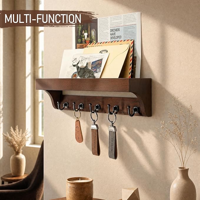 Walnut Wood Key Holder Wall Mount for Room Decor and Organization, Brown | Key Holder for Wall with Shelf for Plants & Cute Things,5 Sturdy Key Hooks,Can Also Hang Dog Leashes,Ideal for Home Decor