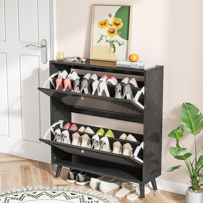 Fsbecl Shoe Storage Cabinet for Entryway with 2 Flip Drawers, Narrow Wood Shoe Cabinet with Fluted Panel, Freestanding Hidden Shoe Organizer for Hallway