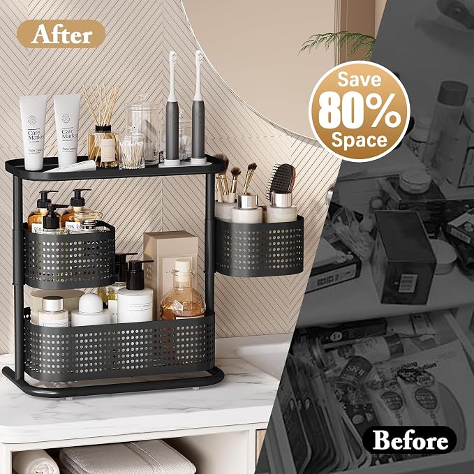 KINGRACK Metal Bathroom Counter Organizer，Rotating Countertop Storage Shelf | 3 Tier, Cosmetic Holder for Skincare & Makeup, Kitchen Spice Rack, Bedroom Nightstand Organizer, Black