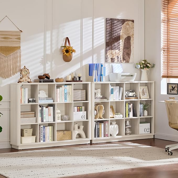 Joaxswe 12 Cube Storage Organizer, 41" Large Bookshelf with Curved Edge, Wood Floor Standing 3-Tier Cubby Bookcase w/Base, Modern Display Storage Cabinet for Living Room, Office, Gray-White Cream Oak