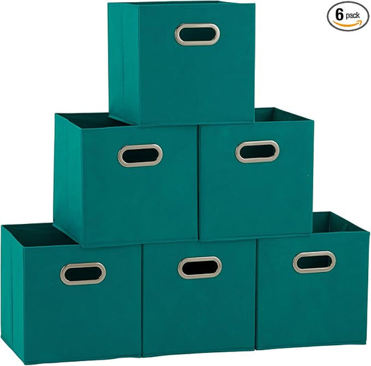 Household Essentials Fabric Storage Bins in Strong Poly‑Woven Fabric, Sturdy Chipboard Sides, Grommet Front Handle, Teal Green, Set of 6
