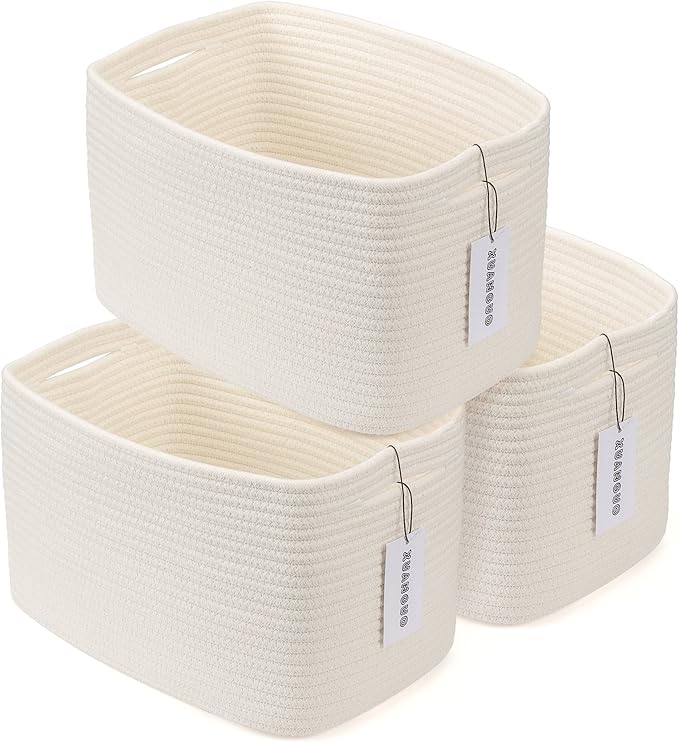XUANGUO Woven Cotton Rope Storage Baskets 15x10x9.3" 3 Pack White | Decorative rectangular storage baskets for shelves and closets; storage bins organize clothes, toys, books and nursery items.