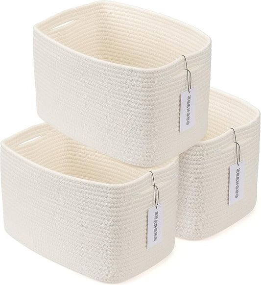 XUANGUO Woven Cotton Rope Storage Baskets 15x10x9.3" 3 Pack White | Decorative rectangular storage baskets for shelves and closets; storage bins organize clothes, toys, books and nursery items.