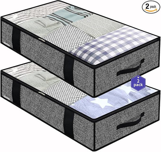 Onlyeasy Foldable Underbed Bags - 2 Pack Blankets Clothes Comforters Storage Bag Breathable Zippered Organizer for Bedroom with Clear Window and 4 Handles, 100 x50 x15cm, Linen-Like Black, MXAUBBP2