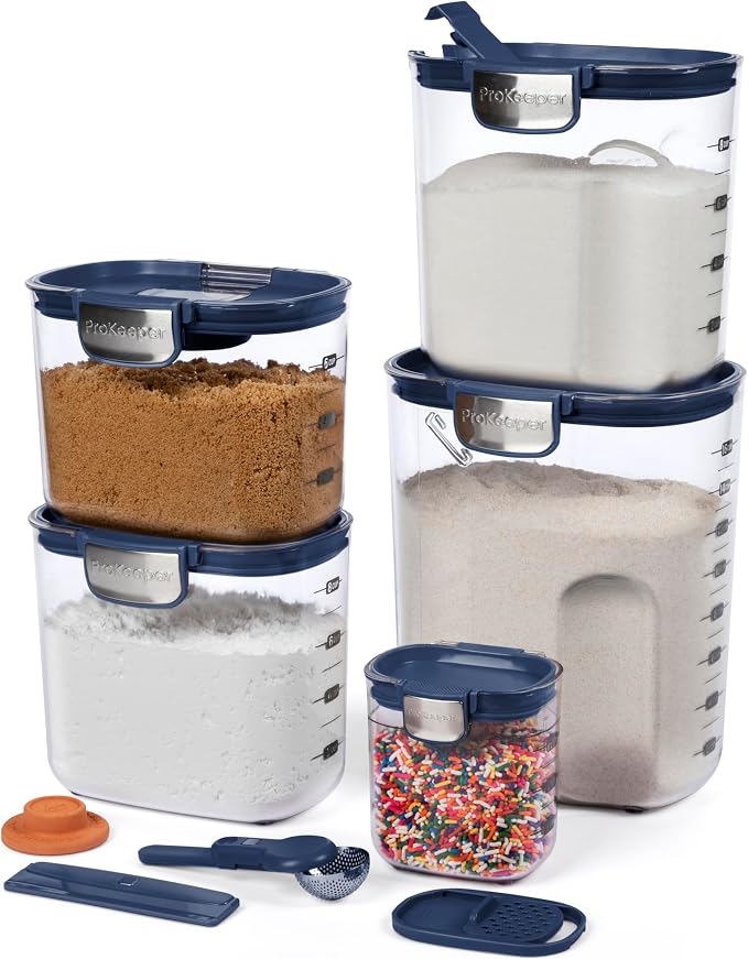 ProKeeper+ Airtight Food Storage Container Set – Clear Plastic Flour and Sugar Canister Set with Magnetic Accessories for Kitchen Organization (Navy, 9-Piece)