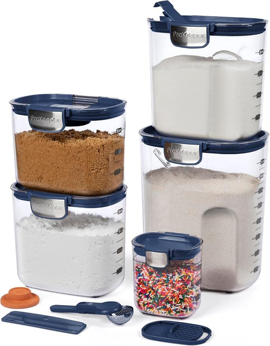ProKeeper+ Airtight Food Storage Container Set – Clear Plastic Flour and Sugar Canister Set with Magnetic Accessories for Kitchen Organization (Navy, 9-Piece)