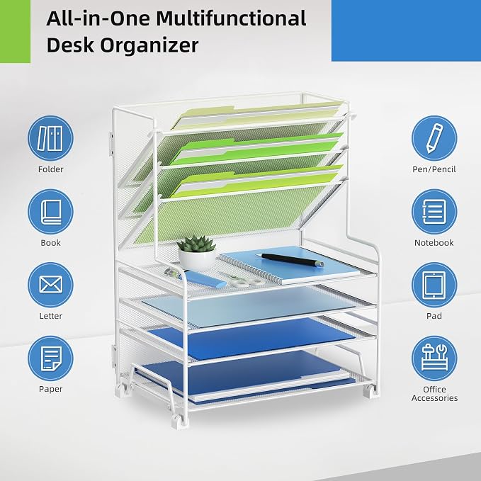 MINDEPOT 4-Tier Paper Organizer + 3-Pocket File Holder + Drawer + Pen Holders, Desktop File Organizers Paper Tray for Office Supplies School Classroom Organization (White, no Drawer & Pen Holder)
