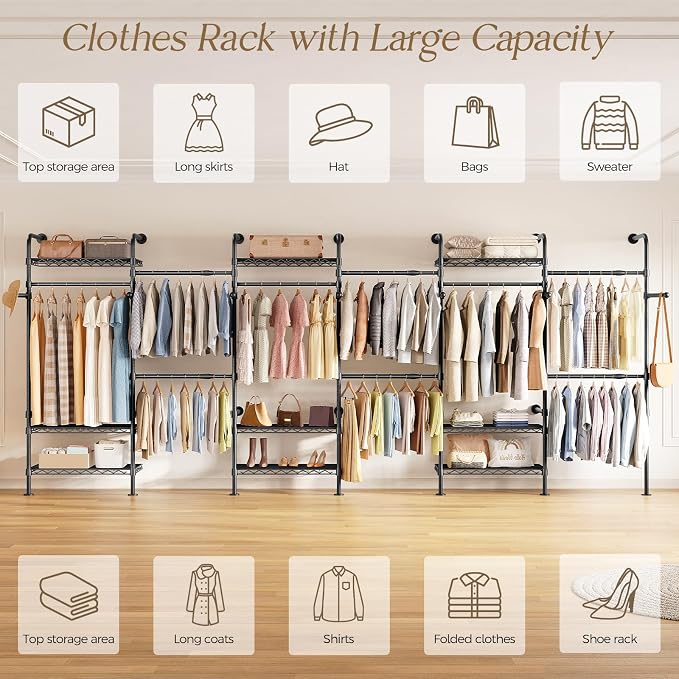 Closet Organizers and Storage, 6-Row Heavy Duty Clothes Rack for Hanging Clothes, Wall Mounted Closet System with 6 Telescopic Rods, 3 Fixed Rods, 7 Hooks, 9 Shelves for Wardrobe, Bedroom, Small Space