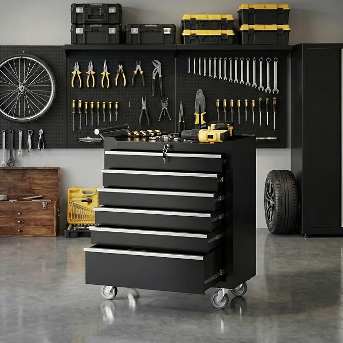 Garvee Rolling Tool Chest, 6 Drawers Tool Storage Cabinet, Toolbox with Wheels, Portable Tool Cabinet Organizer with Locking System & Drawer Liners, Tool Storage Cart for Garage, Workshop, Black