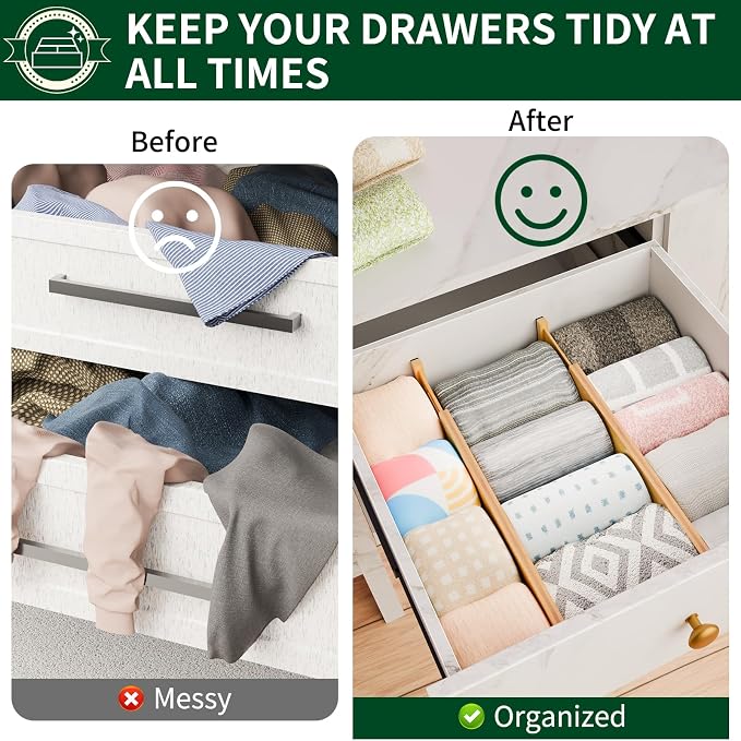 Dunruz Bamboo Drawer Dividers 2.6" High,17"-20" Adjustable Spring Loaded Clothes Drawer Organizers for Kitchen, Dresser, Bathroom, Bedroom and Office