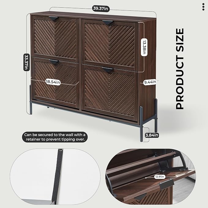 Shoe Cabinet with 4 Flip Drawers, Narrow Entryway Rack, Brown | Slanted Wood Grain, Freestanding, Adjustable Compartments, Removable Middle Shelf, Metal Handles, for Hallway Foyer Entrance