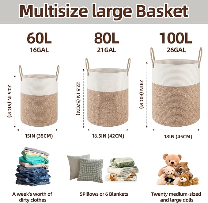 OIAHOMY Large Laundry Basket Hamper - 60L Cotton Rope Woven Basket for Blankets, Toys, Clothes - Tall Decorative Nursery Hamper with Long Handles, Yellow/Black