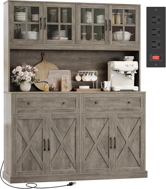 71''H x 55.1''W Pantry Cabinet with Charging Station, 4 Wide Cabinets Kitchen Pantry with 2 Drawers, Farmhouse Hutch Storage Cabinet, Tall Coffee Bar, Acrylic Door, Adjustable Shelves, Grey