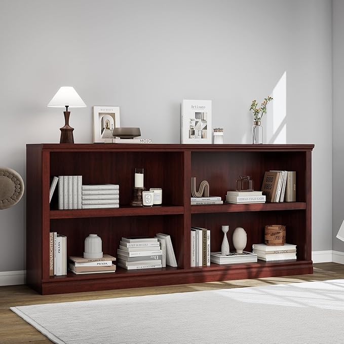 64" W Double Wide Open Shelf Bookcase, 2 Tiers 4 Storage Cube Book Case | Horizontal Bookshelf, Display Cabinet Organizer Indoor Furniture, Home Library Office, Mahogany Adjustable Shelf