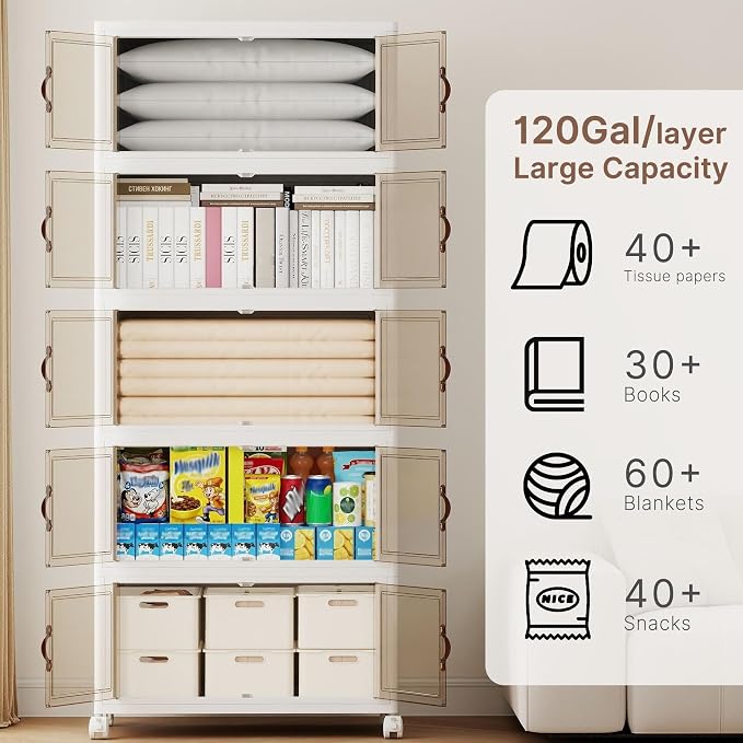480QT Extra Large Stackable Storage Bins with Lids | & Wheels & Door, 120Gal Foldable Collapsible Closet Organizers, Plastic containers drawers for bedroom Dorm