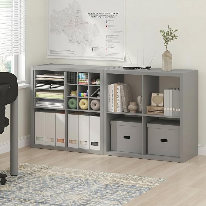 Furinno Cubicle Book Shelf Set of 2, 4-Cube Bookshelf, Light Grey | 14.6 x 30 x 30, 1.2" Thick Frame Bookcase with Reversible Open Back, for Living Room, Bedroom, Home Office