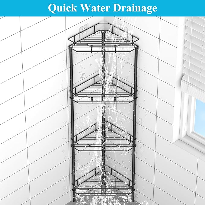 HuggieGems 4 Tier Floor Standing Corner Shower Caddy Organizer Shelf with Hooks, Bathroom Shelves Stand Rack, Black