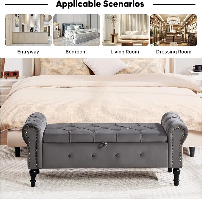 Storage Bench 51" Velvet End of Bed Benches Dark Grey | Queen Size Storage Bench for Bedroom with Rolled Arms Tufted Ottoman Benches Upholstered Bench for Living Room Entryway