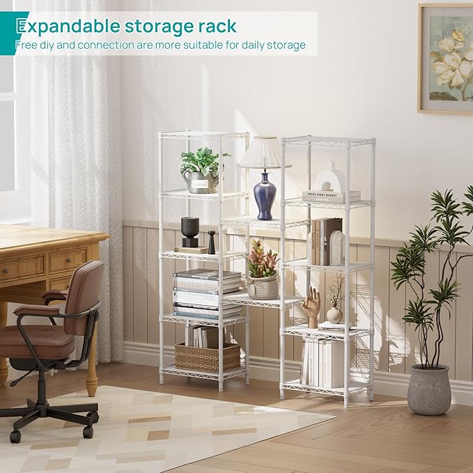 SINGAYE Metal Shelves Wire Shelving Storage Standing Adjustable Shelf Unit | 6 Tier Mesh Units Shelf for Kitchen Laundry Bathroom Closet Organizers Pantry Narrow Home Rack 10" D x 16" W x 63" H White