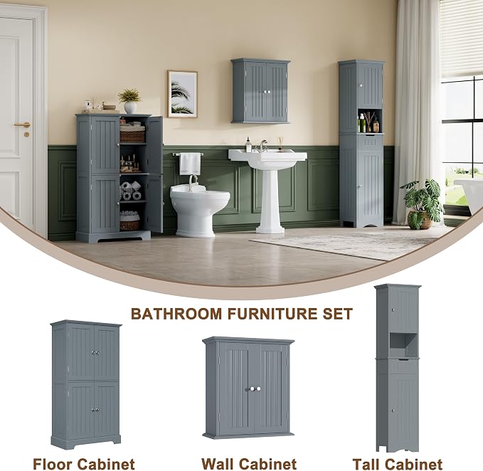 ChooChoo Bathroom Floor Cabinet with Adjustable Shelves | Bathroom Storage Cabinet, 4 Doors, Freestanding Cupboard for Living Room, Grey