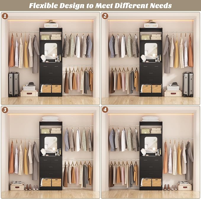 Unikito 8FT Closet System with Mirror and 3 Extendable Hanging Rods, Black | 48" - 96" Walk-in Closet Organizer with 25" Tower, 4 Wood Drawers, Customizable and Cuttable, Heavy Duty Closet Insert