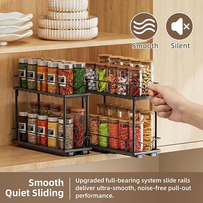 1 Packs Pull Out Spice Rack Organizer for Cabinet, 2-Tier Slide Out Seasoning Organizer, Narrow Cabinet Spice Rack, 10.7" Dx4.8 Wx8.85 H, Full Extension Ball Bearing Glides, Kitchen Pantry Organizer