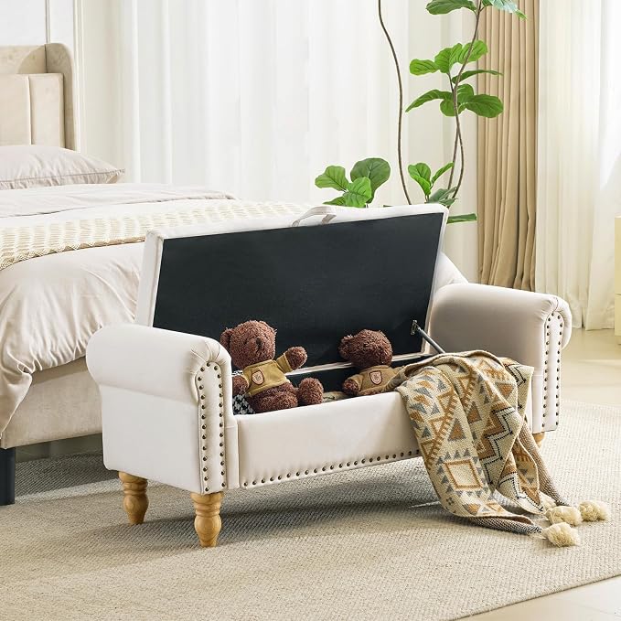 55" Storage Bench, End of Bed Bench with Rolled Arm and Nailhead Trim, Upholstered Bedroom Bench with Storage, Ottoman Bench for End of Bedroom, Living Room, Entryway (Beige Linen)