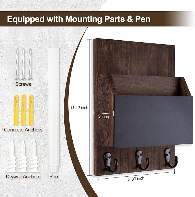 Key and Mail Holder for Wall Mount, Entryway Mail Holder with 2 Slot, Key Holder with 3 Sturdy Hooks for Coat, Dog Leash, Decorative Key Rack (8.86”W x 11.42”H x 3”D) (Brown)