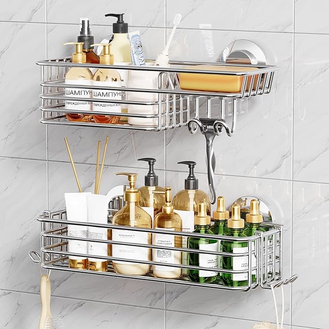 TAILI Shower Caddy Suction Cup 2 Pack with Hooks and Soap Holder, Heavy Duty Shower Organizer for Bathroom, No Drilling Silver Bathroom Suction Shelves-Silver
