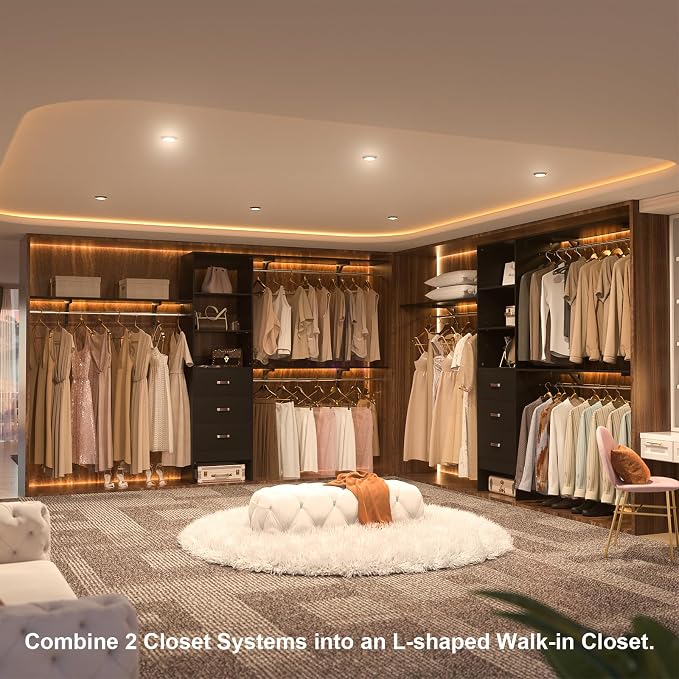 120 Inches Closet System, 10FT Walk In Closet Organizer with 3 Shelving Towers, Heavy Duty Clothes Rack with 3 Drawers, Built-In Garment Rack, 120" L x 16" W x 75" H, Max Load 1300 LBS, Black