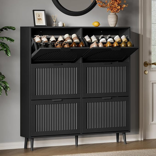 Xixini Shoe Storage Cabinet with 6 Flip Drawers, 50" Tall Narrow Wood Fluted Shoe Organizer for Entryway, Freestanding Wooden Hidden Slim Shoe Rack for Front Door Entrance, Hallway, Foyer, Solid Black